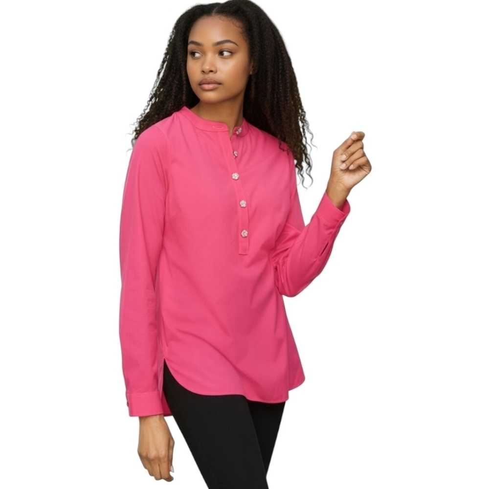 Talbots Plus Petite 2XP Hot Pink Crystal Button Tunic Top Cotton Stretch Blouse